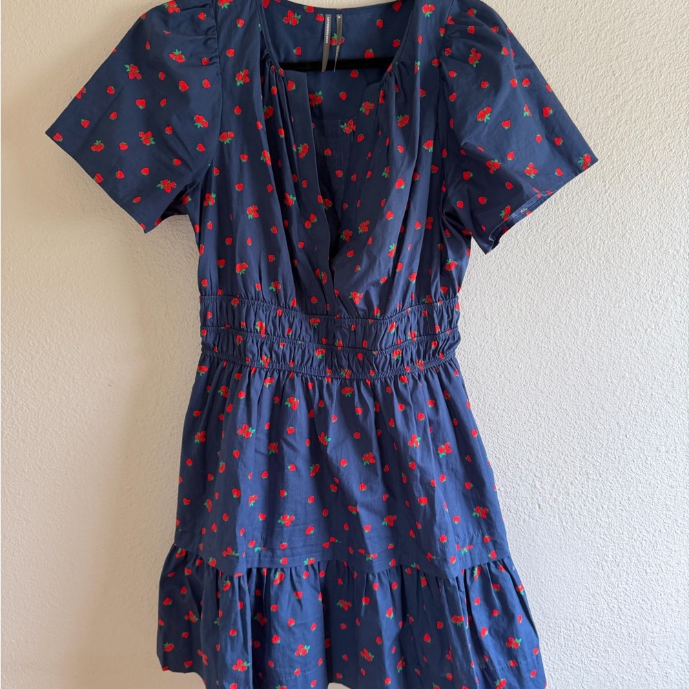 Anthropologie Navy Dress with Red Strawberry Print